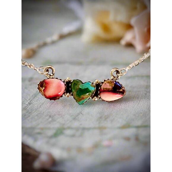 Sonoran Gold Turquoise & Rose Dahlia Heart Necklace 16-18” - Picture 8 of 8